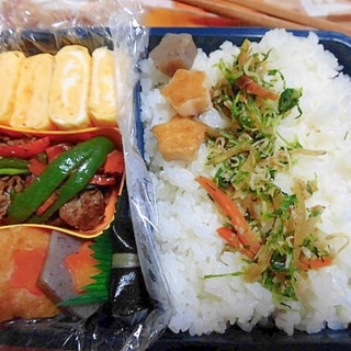 時短のお弁当（おでん、牛肉、ピーマンの炒め物他）